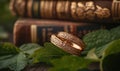 Two gold wedding rings are on a leaf Royalty Free Stock Photo