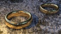 Two gold wedding rings lie on the gray, dirty ground under the yellow glow.