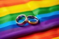 Two gold wedding rings on rainbow lgbt flag. Homosexual marriage