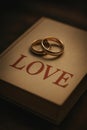 Two gold wedding rings rest on a book titled LOVE, representing commitment, affection, and eternal emotional connection Royalty Free Stock Photo