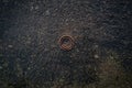 Two gold wedding rings on a rough stone surface, top view. Wedding day, marriage, love concept. Royalty Free Stock Photo