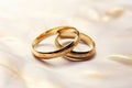 Two gold wedding rings on a white satin background. Close-up, wedding rings, wedding invitation background, AI Generated Royalty Free Stock Photo