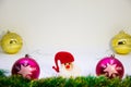 Two golden balls, two pink balls, with Santa in a red hat in the middle with Christmas decorations