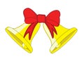 Two golden bells with a red bow