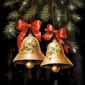 Two golden bells with Red Cocards on a dark background. Christmas card as a symbol of remembrance of the birth of the savior Royalty Free Stock Photo