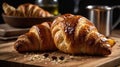 Two golden croissants on a wooden board, surrounded by coffee beans and a rustic setting Royalty Free Stock Photo