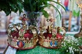 Two golden crowns for wedding ceremony at church.