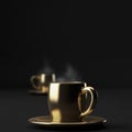 Two golden cups of hot coffee with steam on black background, 3d illustration Royalty Free Stock Photo