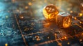 Two golden dices on mathematical surface Royalty Free Stock Photo