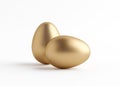 Two golden eggs close up on a white background. Easter holiday. 3D rendering and 3D illustration Royalty Free Stock Photo