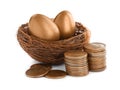 Two golden eggs in nest and coins on white background. Pension concept Royalty Free Stock Photo