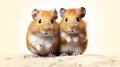 Two golden hamsters on a beige background. Studio pet portrait