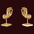 Two golden hands on stands show the ok gesture with their fingers on a burgundy background. 3d rendering