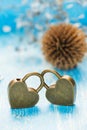 Two golden heart padlocks on wooden backrgound Royalty Free Stock Photo