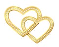 Two golden heart with shiny diamonds linked together. Royalty Free Stock Photo