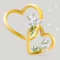 Two golden hearts alternate with bouquets of lily flowers