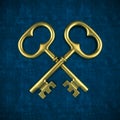 Two golden key isolated on blue background Royalty Free Stock Photo