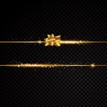 Two golden lines with bow and light effects. Isolated on black transparent background. Vector illustration