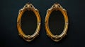Two golden oval mirrors hanging on a dark wall showing the same reflection Royalty Free Stock Photo