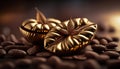 two golden pumpkins sitting on top of a pile of coffee beans with leaves on top of them and coffee beans scattered around them on