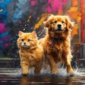 Two golden retriever dogs playing in the rain on the street Generative AI