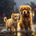 Two golden retriever dogs playing in the rain on the street Generative AI