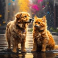 Two golden retriever dogs playing in the rain on the street Generative AI
