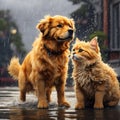 Two golden retriever dogs playing in the rain on the street Generative AI