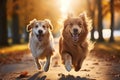 Two golden retriever dogs running in the autumn park on sunny day Royalty Free Stock Photo