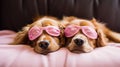 two golden retriever dogs sleeping in pink sleeping mask