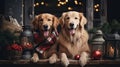 Two golden retrievers adorned with scarves, amidst holiday decor, radiating warmth and joy.