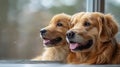 Two Golden Retrievers Looking Out a Window Royalty Free Stock Photo