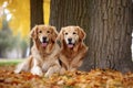 two golden retrievers sitting together under a tree Royalty Free Stock Photo