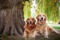 two golden retrievers sitting together under a tree Royalty Free Stock Photo