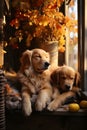 Two golden retrievers sleeping on a porch of wooden house decorated with colorful autumn leaves. Halloween and thanksgiving decor.