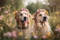 two golden retrievers wearing flower crowns in a field of flowers