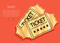 Two golden retro cinema tickets. Cinema concept. Cartoon cinema illustration. Vector illustration on red background Royalty Free Stock Photo