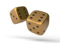 Two golden rolling gambling dice in Flight on a white background Royalty Free Stock Photo