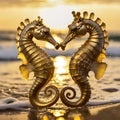 Two golden seahorses on the seashore making a heart pattern