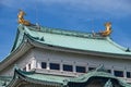 Two golden shachi (kinshachi) on either end of the topmost Nagoya castle roof. Nagoya. Japan