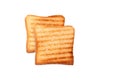 Two golden slices of toast bread on a white background, isolated. Close-up, top view Royalty Free Stock Photo