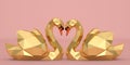 Two golden swans on pink background. 3D illustration