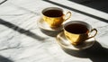 Two golden teacups filled with dark beverage sit on saucers on marble surface. Sunlight creates shadows, reflections on Royalty Free Stock Photo