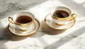 Two golden teacups filled with dark beverage sit on saucers on marble surface. Sunlight creates shadows, reflections on Royalty Free Stock Photo
