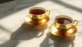 Two golden teacups filled with dark beverage sit on saucers on marble surface. Sunlight creates shadows, reflections on Royalty Free Stock Photo