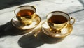 Two golden teacups filled with dark beverage sit on saucers on marble surface. Sunlight creates shadows, reflections on Royalty Free Stock Photo