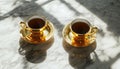 Two golden teacups filled with dark beverage sit on saucers on marble surface. Sunlight creates shadows, reflections on Royalty Free Stock Photo
