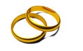 Two golden wedding or engagement rings over white background, marriage, love or proposal concept