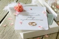 Two Golden Wedding Rings, box of chocolates and a wedding invitation, an inscription that the story of true love never ends Royalty Free Stock Photo