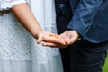 Two golden wedding rings on bride and groom`s palms. Wedding rings on the palm. Bride and groom hold wedding rings on their palms Royalty Free Stock Photo